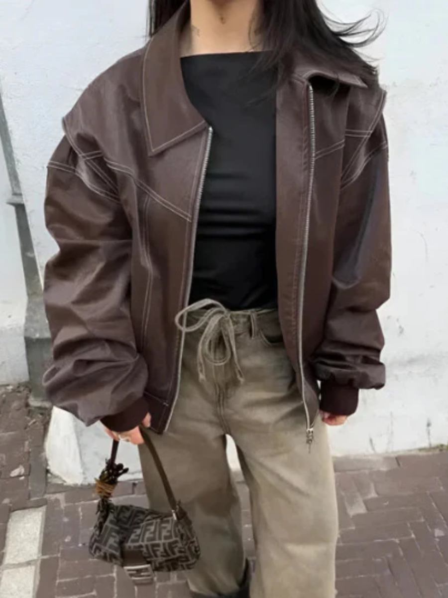 Lisa - Imitation Leather Bomber Jacket