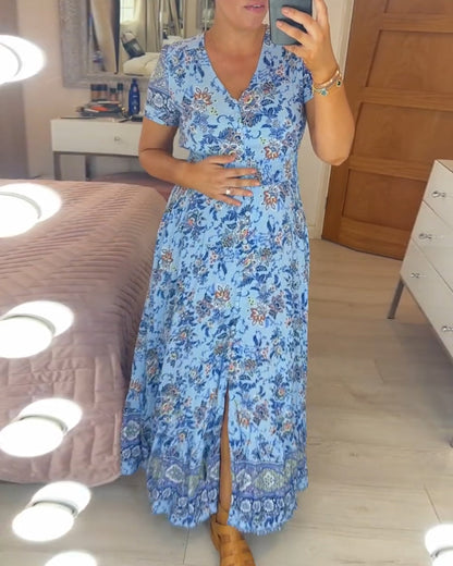 Ellie - Elegant Floral V-Neck Pleated Hem Dress