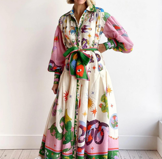 Capri - Chic Tie Waist Lantern Sleeve Dress