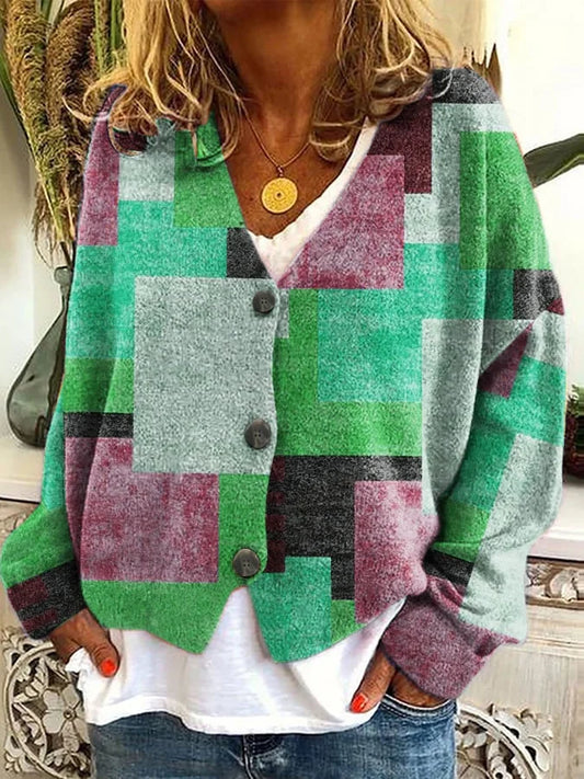 Velmira - Comfortable Geometric Green Cardigan